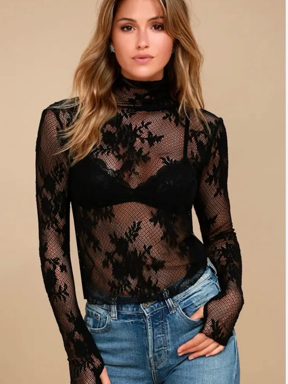 Black Lace Long Sleeve Top - Sheer Floral Mesh